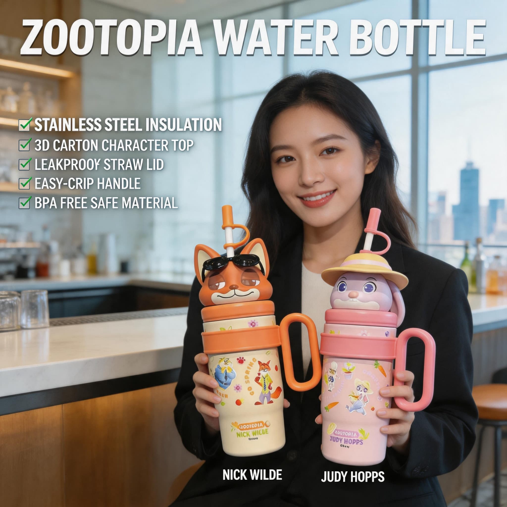 แก้วน้ำดิสนีย์ Zootopia 800ml แท้ – แก้วน้ำสแตนเลส 304 ไม่มี BPA พร้อมฝาปิดแน่น มีด้ามจับและหลอดดูด ดีไซน์น่ารัก มีลายนิก วิลด์ และจูดี้ ฮอปส์ คงอุณหภูมิได้ 24 ชม. (เย็น) – ใช้ในโรงเรียน ท่องเที่ยว ของขวัญวันเกิด สำหรับนักเรียน ผู้หญิง
