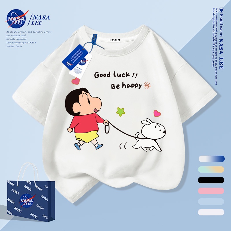 [จัดส่งภายในกทม. วันเดียว] เด็กสีขาวผ้าฝ้ายแท้ระบายอากาศเสื้อยืดบรรยากาศเครยอนชินจังการ์ตูน Childlike ลายน่ารัก 3-16 ปีหลวมสบายๆสั้น @
