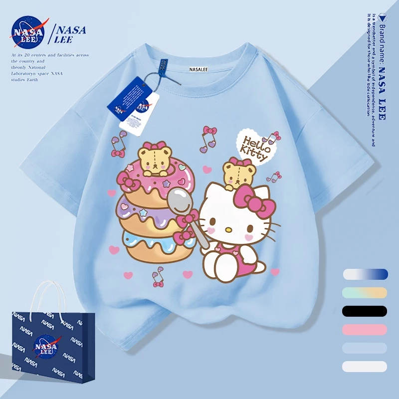 [กรุงเทพฯ จัดส่งภายในวันเดียว] เด็กแสงสีฟ้าผ้าฝ้ายแท้ระบายอากาศเสื้อยืดบรรยากาศ สวัสดี คิตตี้ การ์ตูน เด็กชอบ ลายน่ารัก 3-16 ปีหลวมสบายๆแขนสั