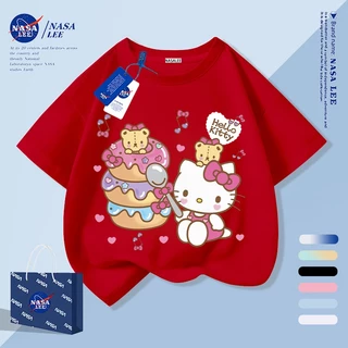 [กรุงเทพฯ จัดส่งภายในวันเดียว] เด็กแสงสีฟ้าผ้าฝ้ายแท้ระบายอากาศเสื้อยืดบรรยากาศ สวัสดี คิตตี้ การ์ตูน เด็กชอบ ลายน่ารัก 3-16 ปีหลวมสบายๆแขนสั
