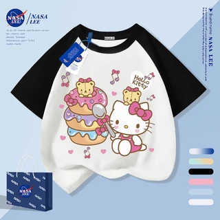 [กรุงเทพฯ จัดส่งภายในวันเดียว] เด็กแสงสีฟ้าผ้าฝ้ายแท้ระบายอากาศเสื้อยืดบรรยากาศ สวัสดี คิตตี้ การ์ตูน เด็กชอบ ลายน่ารัก 3-16 ปีหลวมสบายๆแขนสั