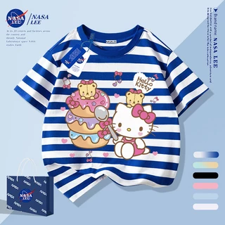 [กรุงเทพฯ จัดส่งภายในวันเดียว] เด็กแสงสีฟ้าผ้าฝ้ายแท้ระบายอากาศเสื้อยืดบรรยากาศ สวัสดี คิตตี้ การ์ตูน เด็กชอบ ลายน่ารัก 3-16 ปีหลวมสบายๆแขนสั