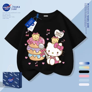 [กรุงเทพฯ จัดส่งภายในวันเดียว] เด็กแสงสีฟ้าผ้าฝ้ายแท้ระบายอากาศเสื้อยืดบรรยากาศ สวัสดี คิตตี้ การ์ตูน เด็กชอบ ลายน่ารัก 3-16 ปีหลวมสบายๆแขนสั
