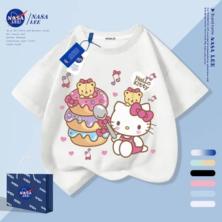 [กรุงเทพฯ จัดส่งภายในวันเดียว] เด็กแสงสีฟ้าผ้าฝ้ายแท้ระบายอากาศเสื้อยืดบรรยากาศ สวัสดี คิตตี้ การ์ตูน เด็กชอบ ลายน่ารัก 3-16 ปีหลวมสบายๆแขนสั
