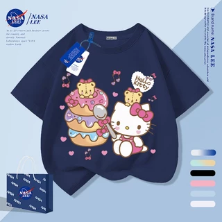 [กรุงเทพฯ จัดส่งภายในวันเดียว] เด็กแสงสีฟ้าผ้าฝ้ายแท้ระบายอากาศเสื้อยืดบรรยากาศ สวัสดี คิตตี้ การ์ตูน เด็กชอบ ลายน่ารัก 3-16 ปีหลวมสบายๆแขนสั
