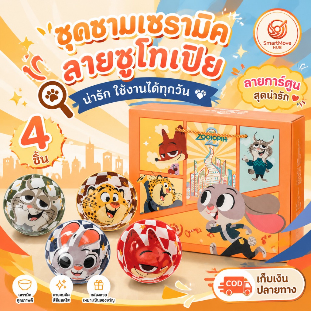 [พร้อมส่ง] ชุดชามเซรามิก 4 ใบ ลายตารางการ์ตูนสัตว์ 🦊🐰 พร้อมกล่องของขวัญสุดหรู เหมาะสำหรับใช้เองหรือสะสม มีส่งด่วน