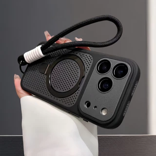 【With lanyard/Plaid large window/Three-stage cooling backplate/ acrylic hard case/Black】เคส compatible for iPhone 12 13 14 15 16 17 pro max case