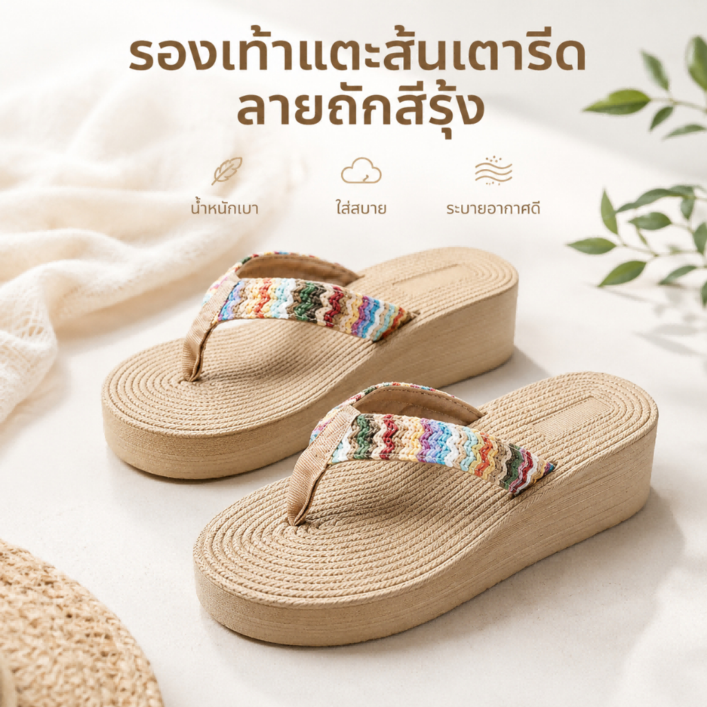 รองเท้าแตะหูคีบผู้หญิงลายสานคล้ายฟาง PP ส้นเตารีด แต่งดอกไม้ ใส่สบาย สำหรับเดินเล่นและเที่ยวทะเล