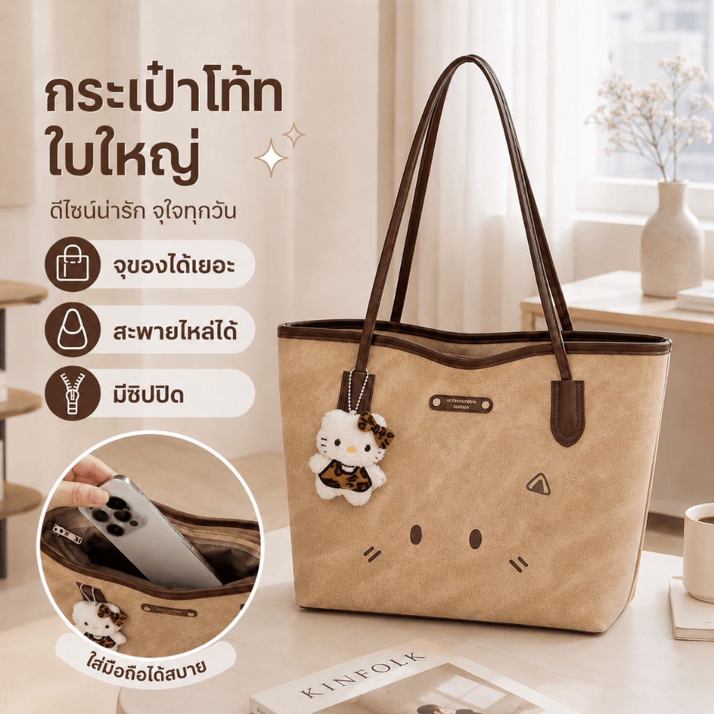 กระเป๋าโท้ทผู้หญิงใบใหญ่ ผ้าแคนวาสแต่งหนัง PU พร้อมพวงกุญแจ มีซิป จุของได้เยอะ เหมาะไปเรียนและทำงาน