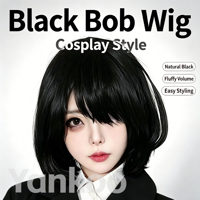 Misaki Mei อะนิเมะคอสเพลย์วิกผมสีดํา Bob Air Bangs ความยาวไหล่เต็มวิกผม