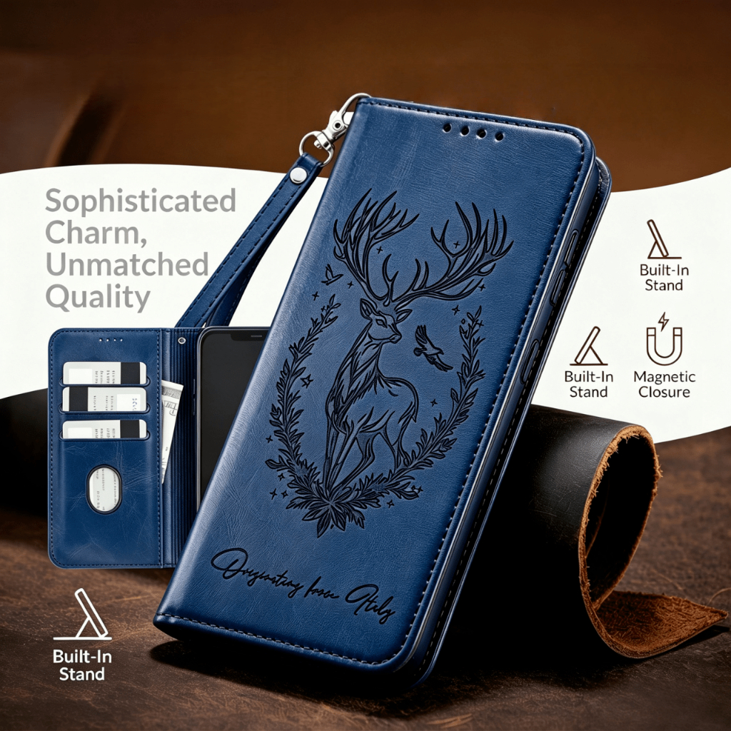 Deer นูนหนังกระเป๋าสตางค์แม่เหล็กขาตั้ง Lanyard สําหรับ Samsung S22 S23 S24 S25 S26