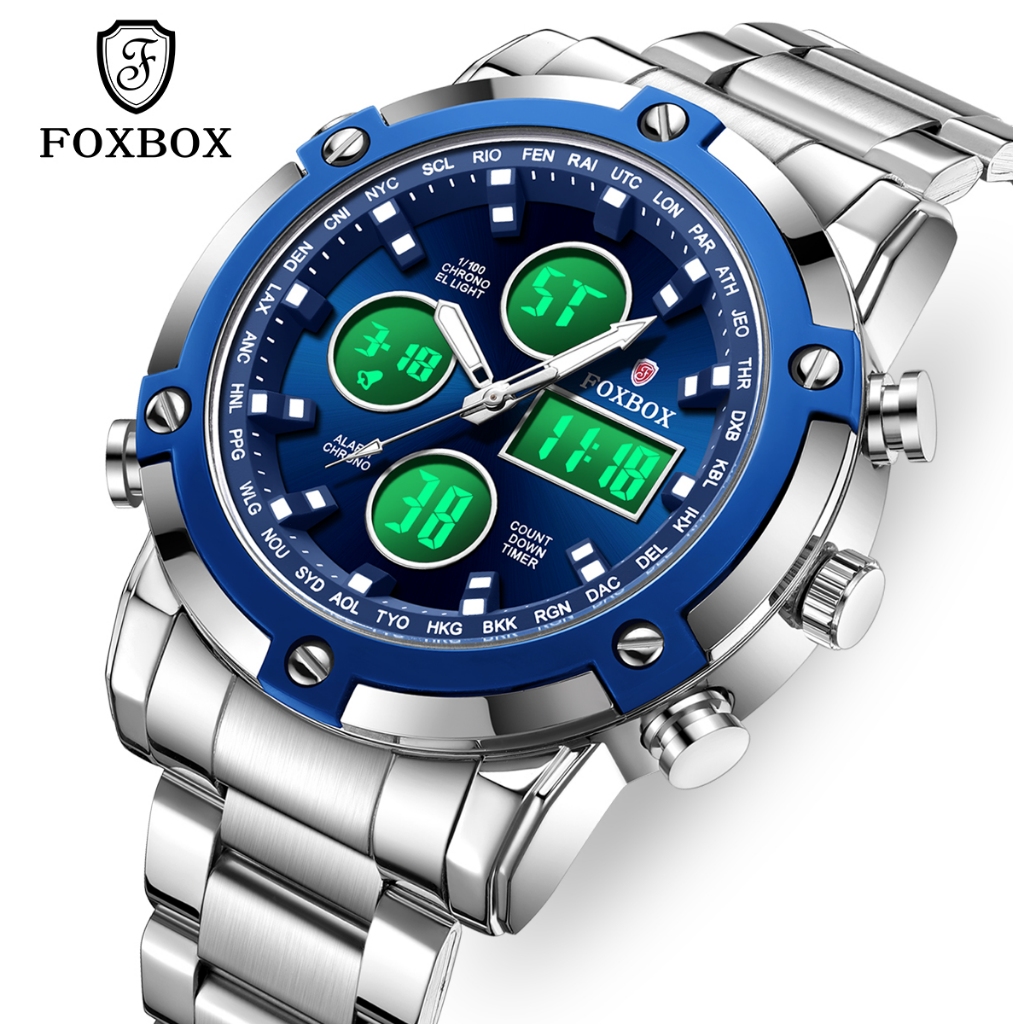 FOXBOX 0100 Dual Display นาฬิกาข้อมืออิเล็กทรอนิกส์ผู้ชายมัลติฟังก์ชั่นกันน้ําเทรนด์ใหม่นาฬิกาของขวั