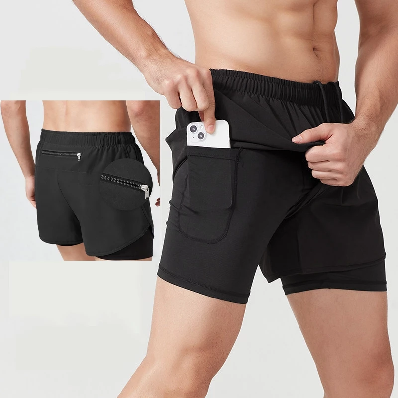 กางเกงวิ่งขาสั้นชาย 2 in 1ซับในเนื้อผ้าเย็น กางเกงกีฬาขาสั้น มีกระเป๋า2ข้าง กับกระเป๋าหลัง