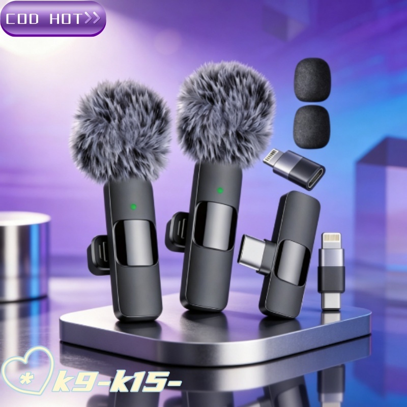 COD-1-3) ไมโครโฟนปกไร้สาย K9 ใหม่, ไมโครโฟนบันทึกขนาดเล็กเข้ากันได้กับ iOS, Android และแล็ปท็อป, สําหรับสตรีมสด, เล่นเกมและการถ่ายภาพวิดีโอมือถือ