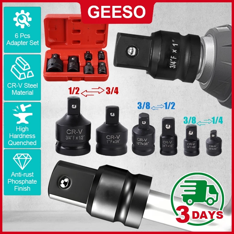 GEESO ชุดข้อต่อแปลงขนาดบล็อกไดรฟ์ 6 ชิ้น เหล็กโครโมลิบดีนัม สำหรับประแจกระแทก อุปกรณ์ซ่อมรถยนต์ 6Pcs/Set Socket Adapter Reducer Set Chrome Molybdenum Steel Impact Drive Size Conversion Socket Converter Kit 套筒转接头6件套
