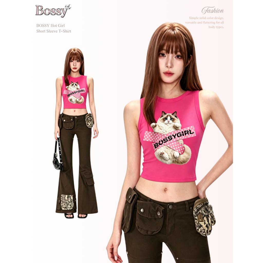 BOSSY เสื้อกล้ามสาวสไตล์อเมริกันวินเทจ ลายแมวแร็กดอลล์และตัวอักษร สไตล์แซ่บเซ็กซี่ ผ้าฝ้ายแท้ 100%#C+5785