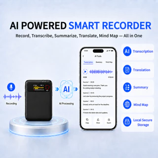 เครื่องบันทึกเสียง AI, ถอดเสียงอัตโนมัติฟรี, ความจุ 64GB, บันทึกการโทร, ถอดเสียงและแปลภาษาแบบเรียลไทม์, ควบคุมผ่านแอป
