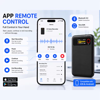 เครื่องบันทึกเสียง AI, ถอดเสียงอัตโนมัติฟรี, ความจุ 64GB, บันทึกการโทร, ถอดเสียงและแปลภาษาแบบเรียลไทม์, ควบคุมผ่านแอป