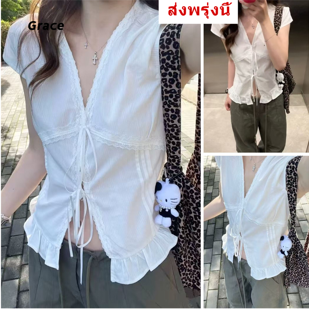 [Grojoy] (คลังสินค้าพร้อม) เสื้อเชิ้ตแขนสั้นลูกไม้สุภาพสตรี 2026 Summer Simple Slim-Fit Top, Vacation, เหมาะสําหรับการทํางาน GR2959 #