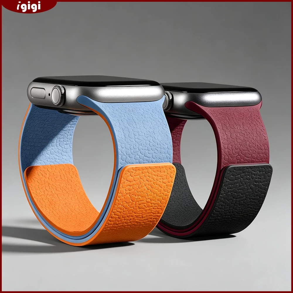 สายซิลิโคนแม่เหล็กเนื้อลิ้นจี่ทูโทนสําหรับ Apple Watch 46 มม. 49 มม. 45 มม. 44 มม. 42 มม. 41 มม. 40 มม. 38 มม. Series 1-11 SE Ultra – Dual-Color, ไม่มีรู