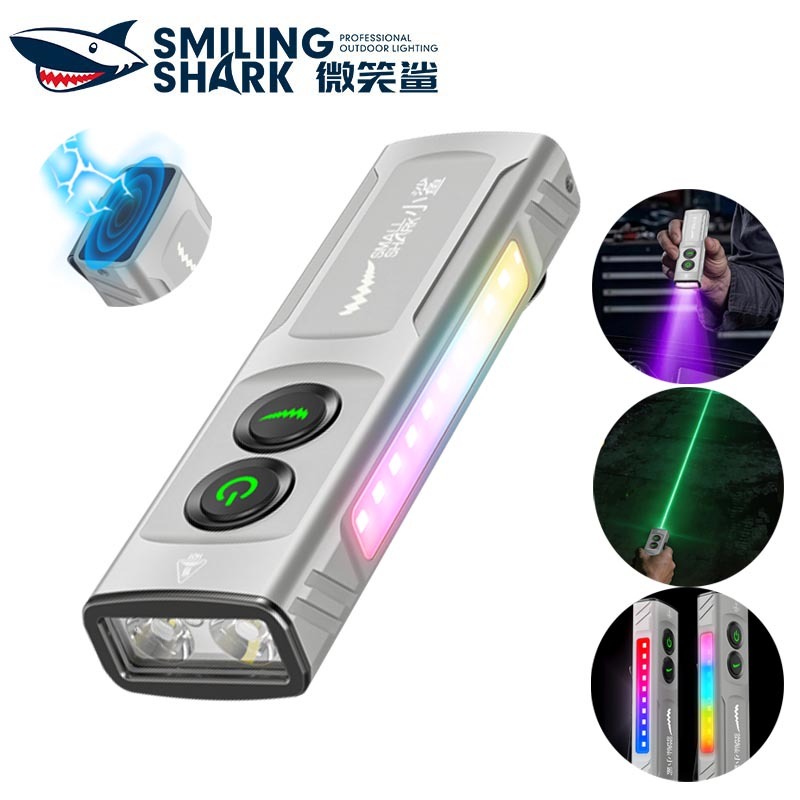 SmilingShark T02 ไฟฉาย led แม่เหล็ก 3 IN 1 Green Laser Pointer ด้วยแสงยูวีสีม่วง 6 โหมด ด้วยซังฟลัดไลท์ Type-C ชาร์จใหม่ได้ พร้อมโป๊ะโคม กันน้ำสำหรับการตั้งแคมป์