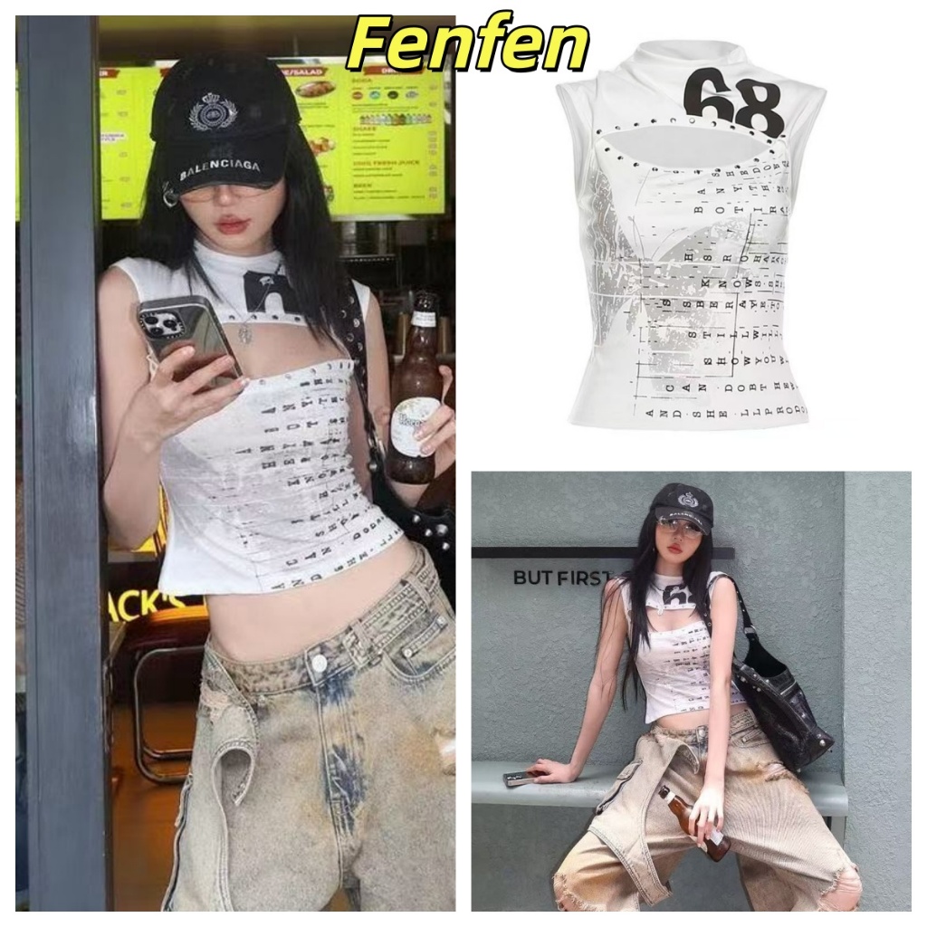 Slim Fit Street Cool Sa Hollow Rivets สกรีนตัวอักษรเฉพาะเสื้อแขนกุดสำหรับผู้หญิง สไตล์ STREET COOL TOP ALL-MATCH
