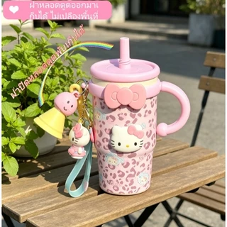(ปลาค็อด 1-3)ขายดีในพื้นที่ สวัสดี คิตตี้ แก้วน้ําฉนวนลายเสือดาวสีชมพูสําหรับผู้หญิงถ้วยกาแฟพร้อมที่จับและหลอดดีไซน์ใหม่มีสไตล์สําหรับโต๊ะทํางาน