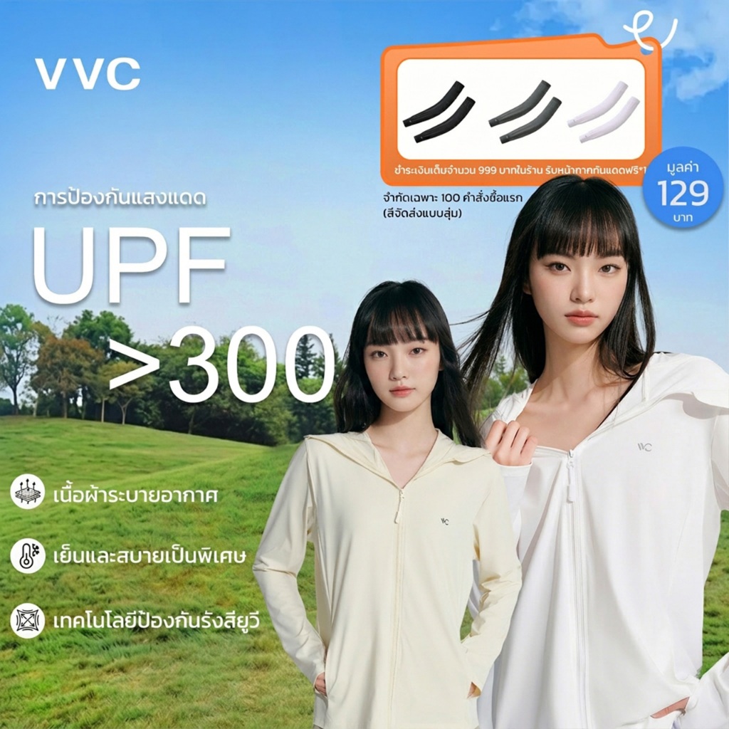【TH Delivery 】VVC เสื้อคลุมกันแดด กันแสงแดด UV UPF300+  เสื้อฮู้ด เสื้อแจ็คเก็ตเดินป่า แขนยาว มีซิป สำหรับกิจกรรมกลางแจ้ง