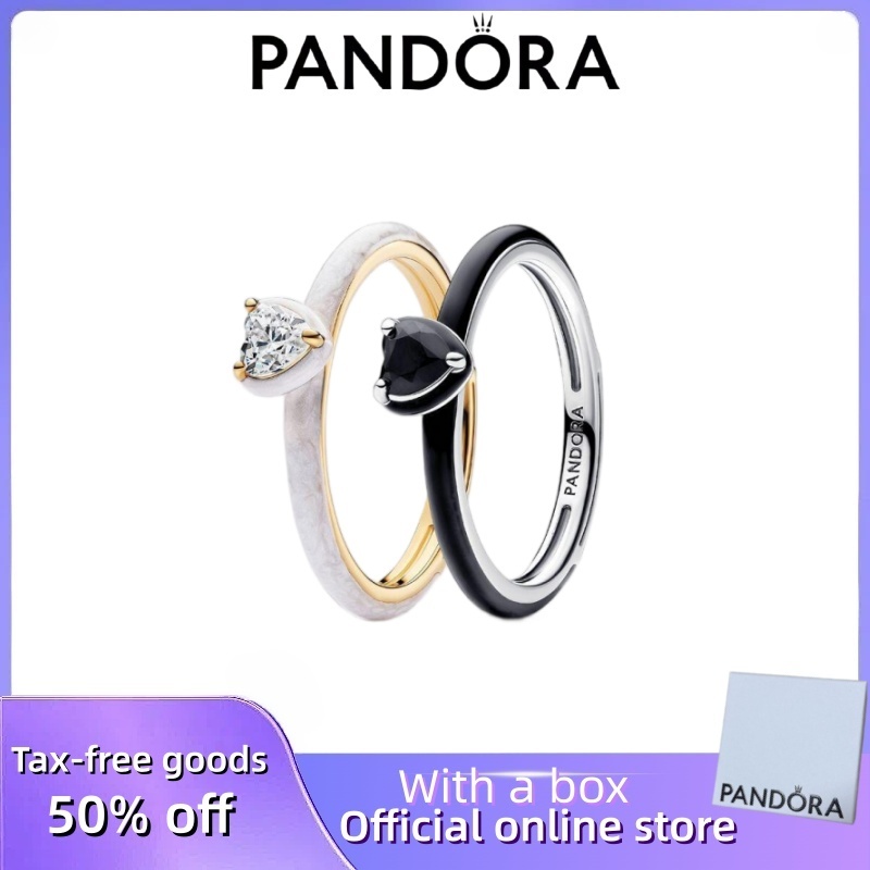 ขายร้อน 100% S925 เงินสเตอร์ลิง Pandora คู่สุภาพสตรี DIY ของขวัญวันเกิดสีดําและสีขาว Chakra Heart แหวนชุด