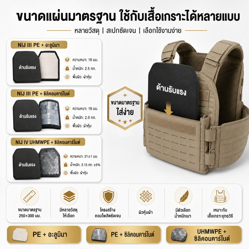 แผ่นเกราะกันกระสุน NIJ IV วัสดุพรีเมียม แข็งแรง น้ำหนักเบา ขนาดมาตรฐาน 250×300 มม. ใช้งานร่วมกับเสื้อเกราะยุทธวิธีได้หลายแบบ เลือกได้ 3 วัสดุ ตอบโจทย์ทั้งความทนทาน ความคล่องตัว และการใช้งานจริง