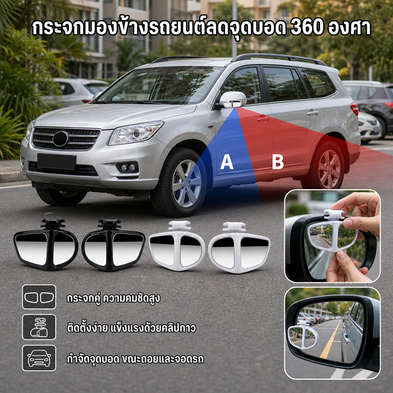 2ชิ้น2ด้านรถจุดบอดกระจก360° กระจกจุดบอดหมุนได้กระจกมองหลังที่จอดรถ ร้านค้า7625
