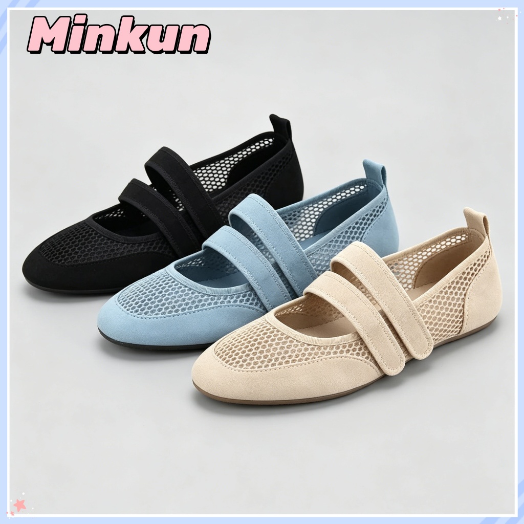 Minkun รองเท้าส้นแบนบัลเล่ต์สีดําสําหรับผู้หญิงรอบนิ้วเท้านุ่ม soled ตาข่ายระบายอากาศรองเท้า Mary Jane ขนาด:35-40