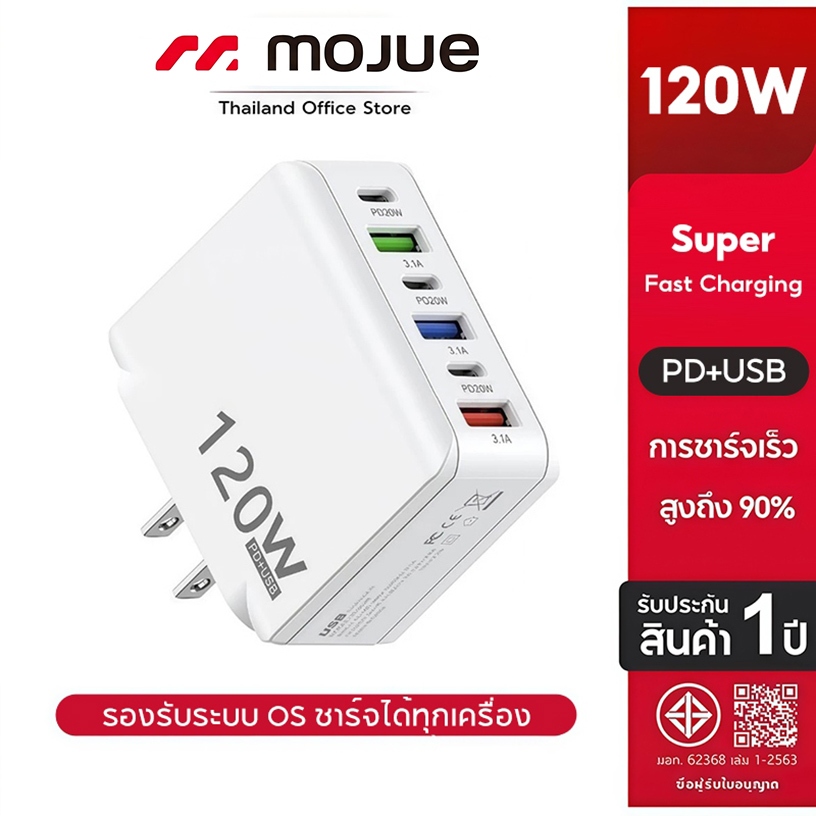 6-Port 120W PD USB Type-C อะแดปเตอร์ชาร์จเร็วหลายอุปกรณ์