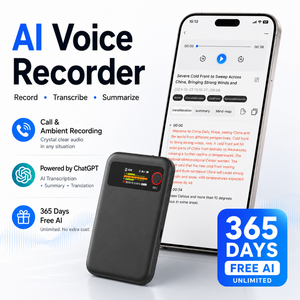 เครื่องบันทึกเสียง AI, ถอดเสียงอัตโนมัติฟรี, ความจุ 64GB, บันทึกการโทร, ถอดเสียงและแปลภาษาแบบเรียลไทม์, ควบคุมผ่านแอป