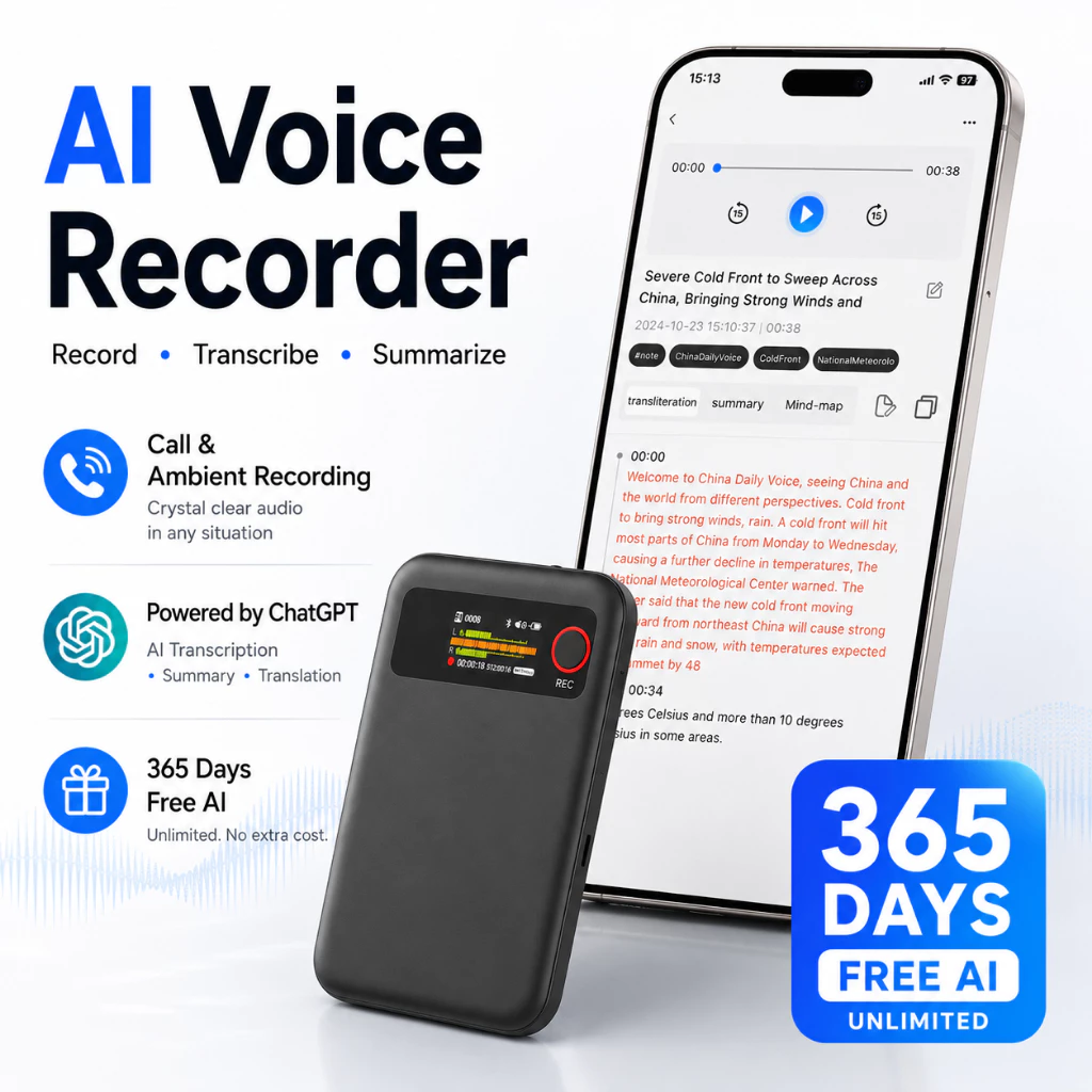 เครื่องบันทึกเสียง AI, ถอดเสียงอัตโนมัติฟรี, ความจุ 64GB, บันทึกการโทร, ถอดเสียงและแปลภาษาแบบเรียลไทม์, ควบคุมผ่านแอป