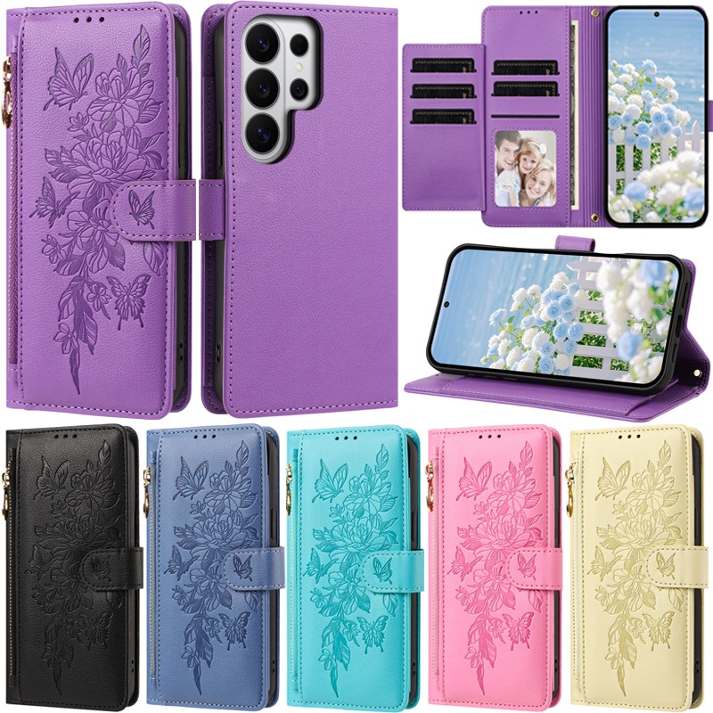 หรูหราสําหรับ Samsung Galaxy S26 Ultra S25 FE S24 Ultra S26 FE S25 Ultra S26 Plus S23 S25 Plus S22 Zipper กระเป๋าสตางค์รูปแบบผีเสื้อหนังการ์ดพลิกผิวกรณี
