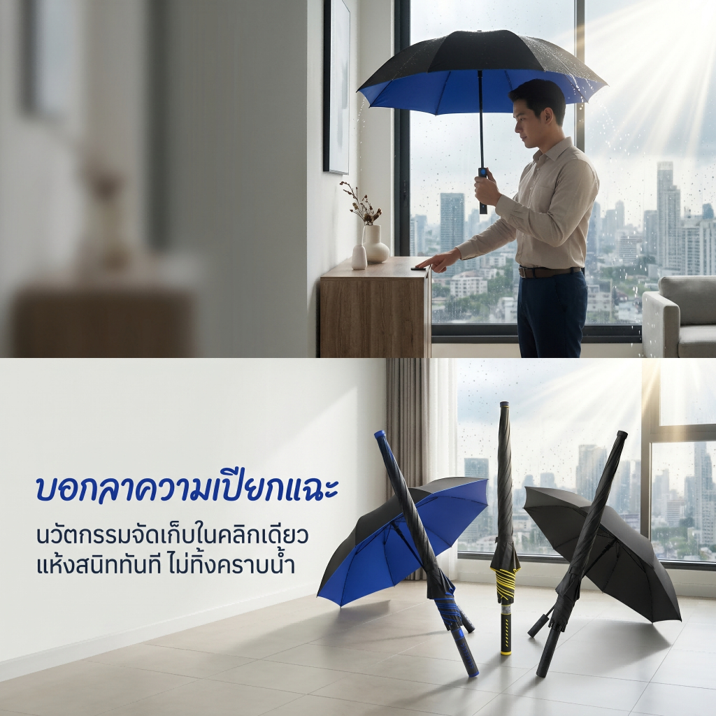 ร่มกันแดด, การป้องกันแดด, ฝากันน้ำ, ร่มกอล์ฟเสาตรง, ไม่จำเป็นต้องแห้งอากาศหลังจากใช้งาน, หัวร่มเก็บน้ำฝน