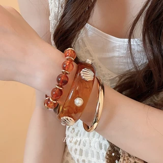 DREJEW กำไลข้อมือชุด 3 ชิ้น เรซินผสมโลหะ ตกแต่งเปลือกหอยไข่มุกเทียม สไตล์วันหยุดแฟชั่น สวมใส่สบายประจำวัน มีหลายสีให้เลือก