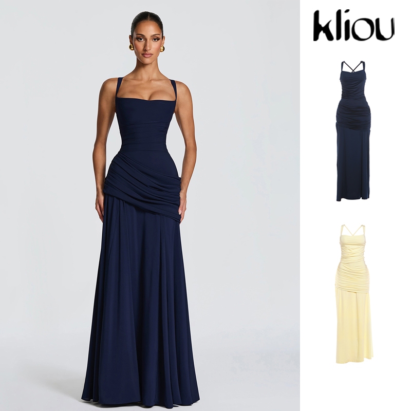 Kliou Elegant Maxi ชุดผู้หญิงพับสแควร์คอต่ําคอแขนกุด Backless วันเกิด Party Solid Chic จัดเลี้ยง Ves