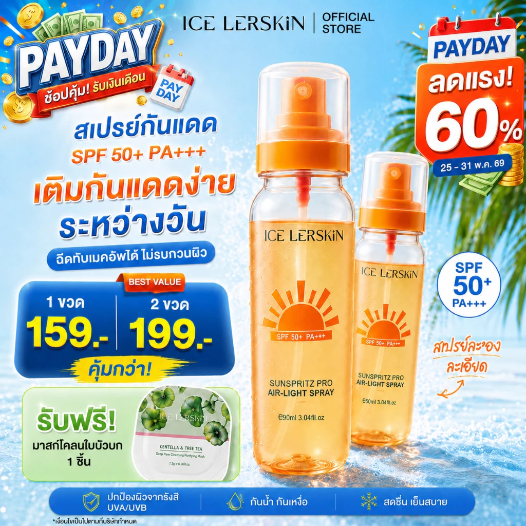 ICE LERSKIN สเปรย์กันแดด SPF50+ PA+++ Sunscreen Mist กันน้ำกันเหงื่อ บางเบาไม่เหนียว ใช้แต่งหน้าหลังได้ 90ml