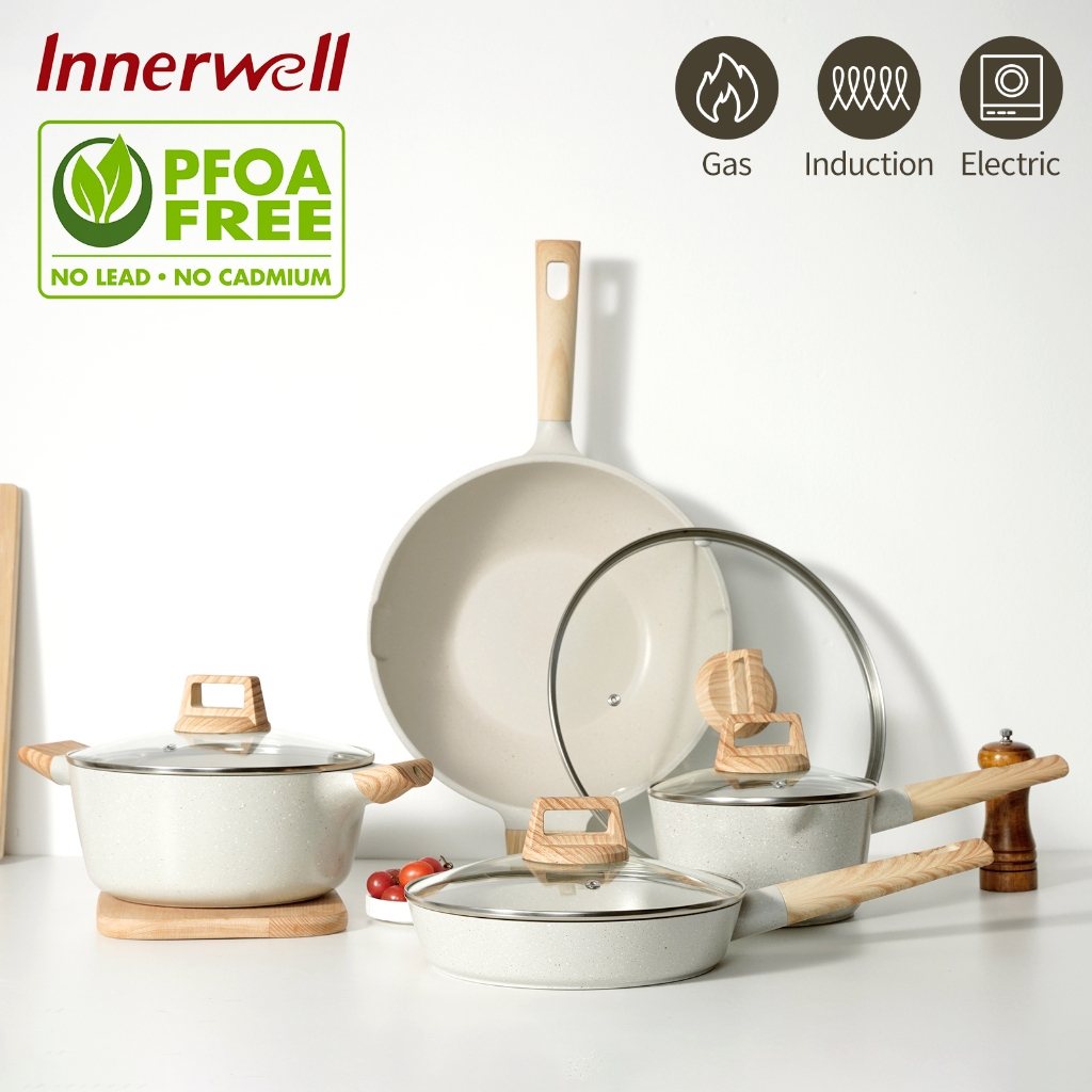 Innerwell Maifan Non Stick หินเคลือบชุดเครื่องครัว 28 ซม.กระทะ/32 ซม.Wok/28 ซม.หม้อซุป/18 ซม.กระทะพร้อมฝาปิดฟรี PFOA & PTFE