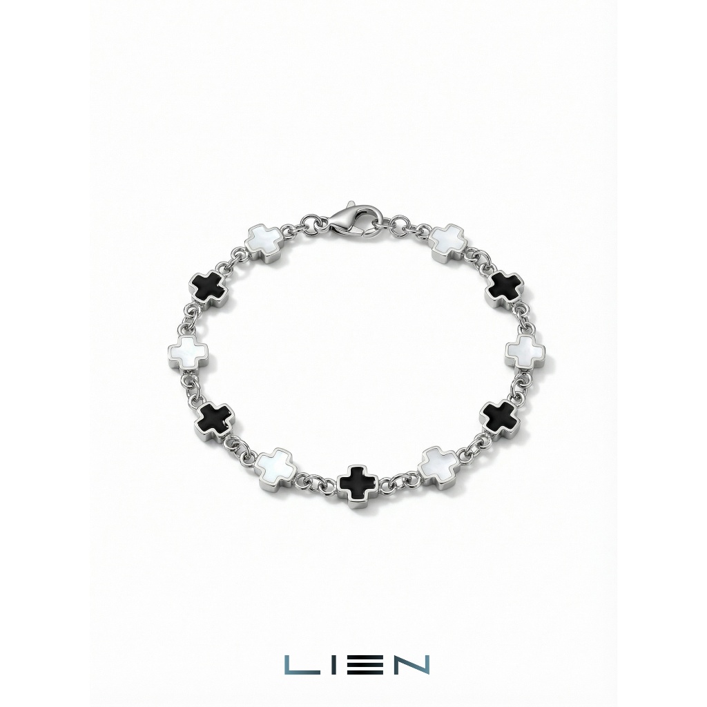 LIEN Black & White Cross Bracelet Unisex|เหล็กไทเท|กันน้ํากันน้ํา|ของขวัญสําหรับเขา|เรือ 24 ชม.|ส่งฟรี
