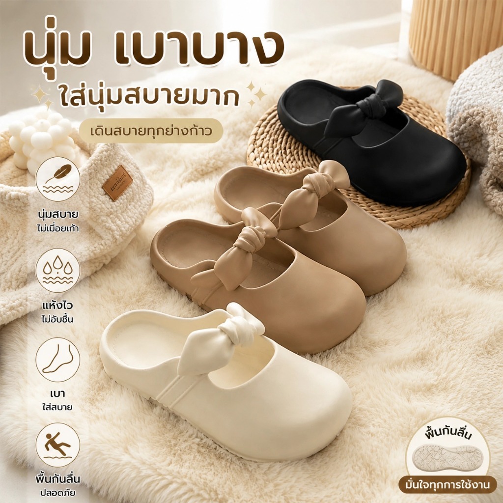 รองเท้าแตะผู้หญิง EVA แบบสวม แต่งโบว์น่ารัก พื้นนุ่ม กันลื่น กันน้ำ ใส่ในบ้าน สไตล์มินิมอล XZ018