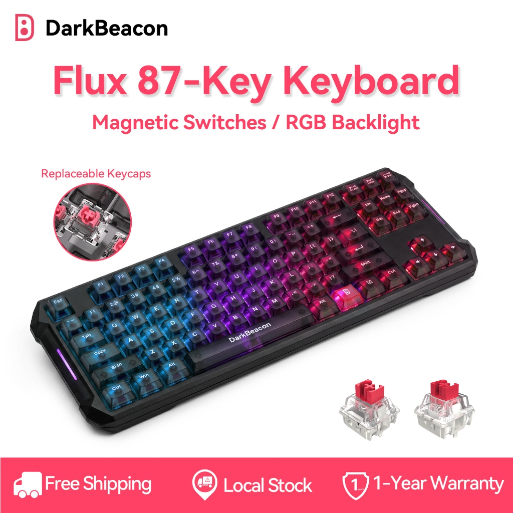 DarkBeacon Flux 87 HE คีย์บอร์ดเกมมิ่งสาย Hall Effect แม่เหล็ก Red Switch ปรับจุดกด 0.01mm Rapid Trigger RS/SOCD/DKS/MT 8000Hz RGB สลับสวิตช์ได้ สำหรับ PC