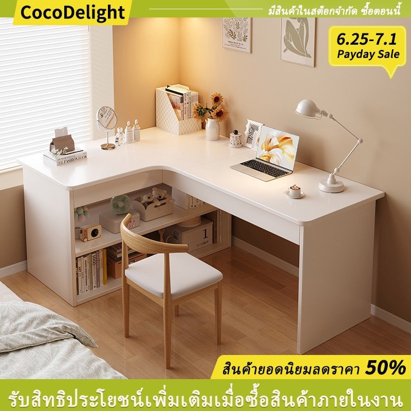 โต๊ะเข้ามุมรูปตัว ล สีขาวพร้อมชั้นเก็บของในตัวที่ให้บริการโต๊ะคอมพิวเตอร์แบบครบวงจรและโต๊ะเครื่องแป้ง มันคุณสมบัติการออกแบบที่ประหยัดพื้นที่กระชับมุมห้องนอน