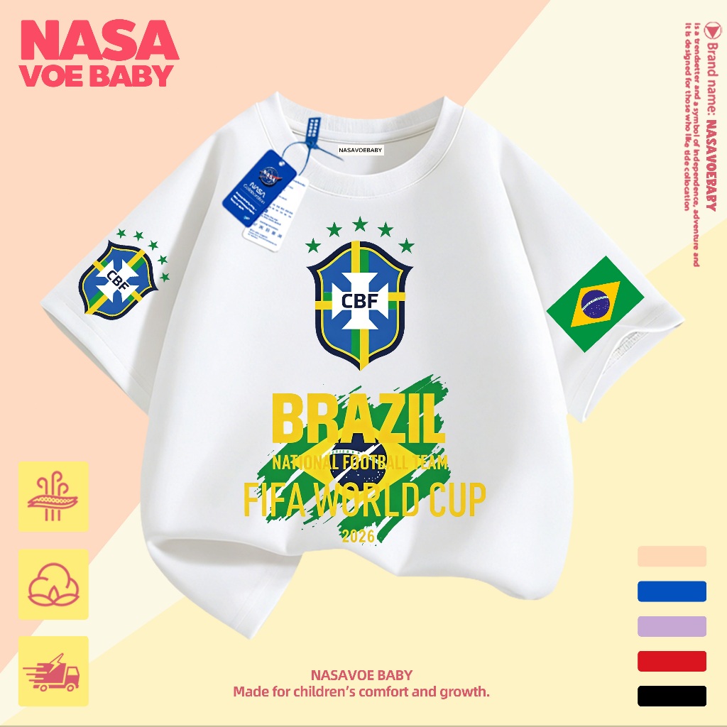【ส่งเร็ว 24ชม】 เสื้อยืดเด็ก ลายบอลโลก ทีมฟุตบอลชาติบราซิล นสดใส ไม่ต้องรีด  ระบายอากาศด