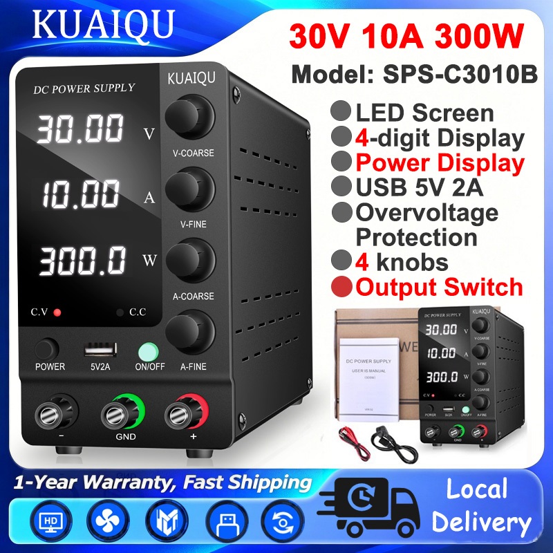 【ค่าขนส่งฟรี】KUAIQU เครื่องจ่ายไฟ DC Power Supply 30V 60V 120V 3A 5A 10A SPS-C3010 LCD Adjustable ปรับค่าได้ 4 digits แหล่งจ่ายไฟ แบต