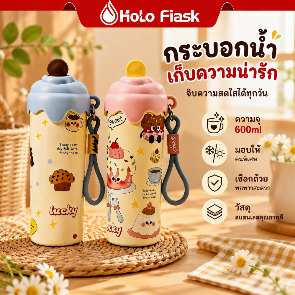 ถ้วยฉนวนรูปไอศกรีมพร้อมหลอดเชือกแขวนแบบพกพาหัวใจสาวน่ารักถ้วยน้ําหุ้มฉนวนสแตนเลส