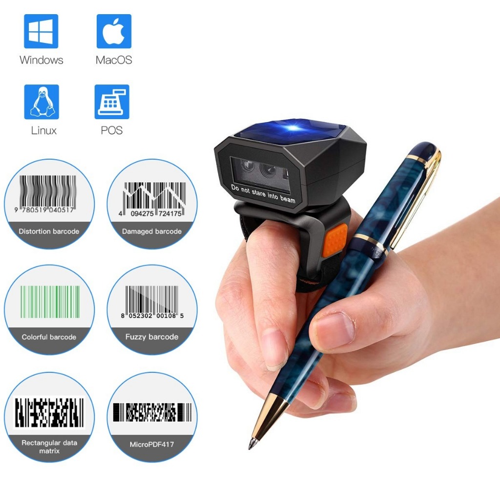 Eyoyo 2D Finger Ring Barcode Scanner Mini 3in1 USB Wired & 2,4G Wireless & Bluetooth 1D QR Barcode R
