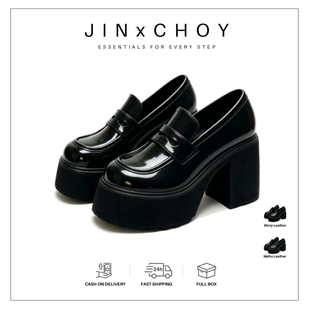JINxCHOY รองเท้าส้นสูง หนัง PU หัวกลม ส้นหนา ขนาดเล็ก สีดํา เข้ากับทุกการแต่งกาย สําหรับผู้หญิง